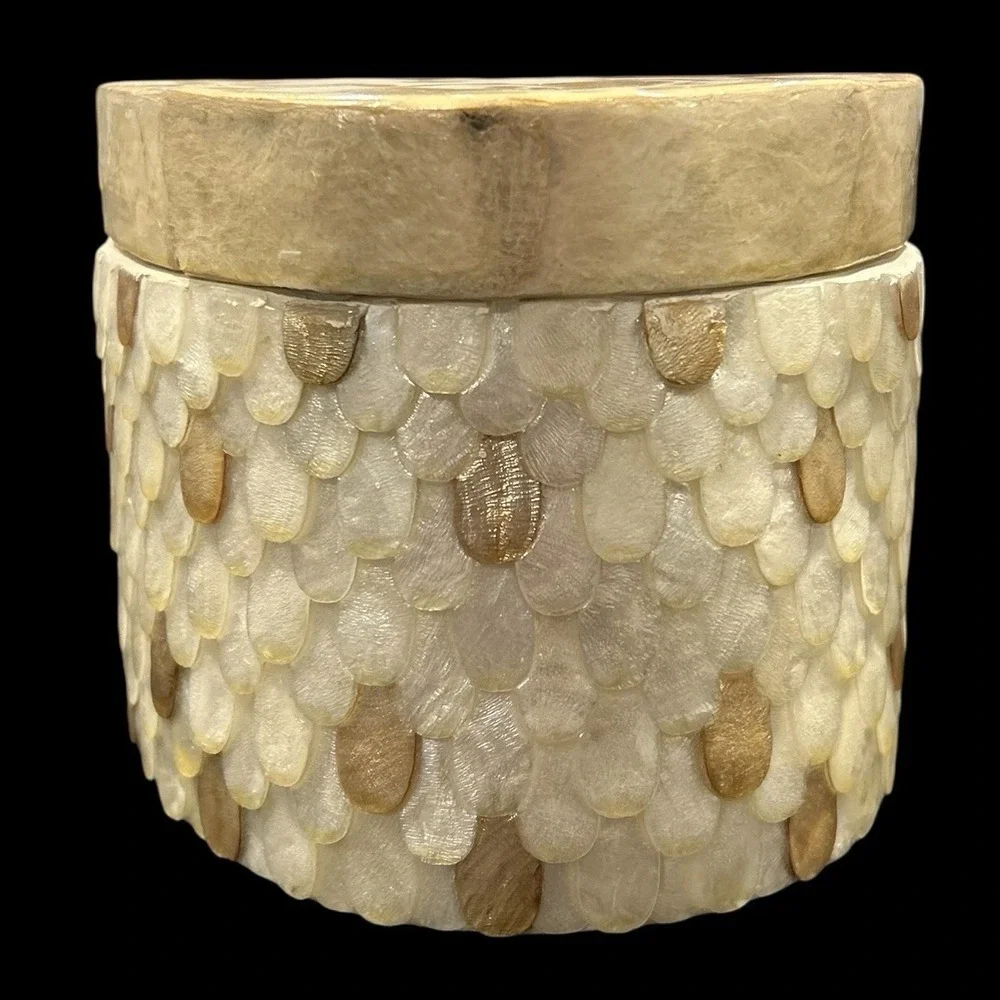 Vtg Unique Capiz Shell Oval Trinket Jewelry Makeup Box Nautical Beach Decor